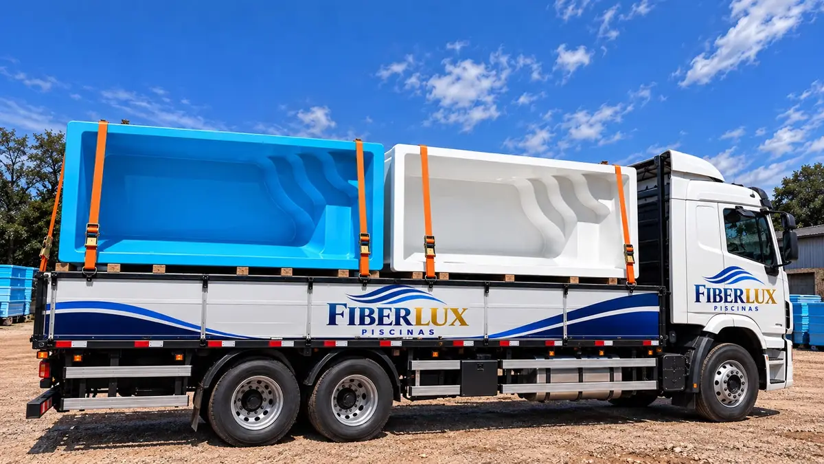 Caminhão da Fiberlux transportando piscinas